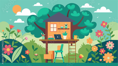 The treehouse office surrounded by blooming flowers and lush greenery creating a serene and inspiring environment for a freelancer to work in.. Vector illustration