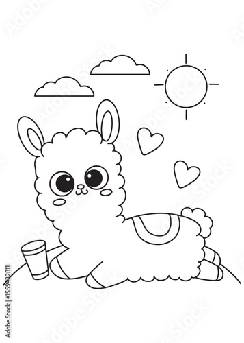 Coloring book alpaca sunbathing with drink.