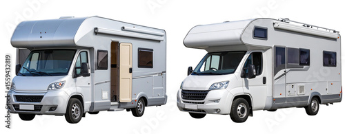 Set of “Front View of Sleek Modern Travel Trailer with Large Windows, Isolated PNG