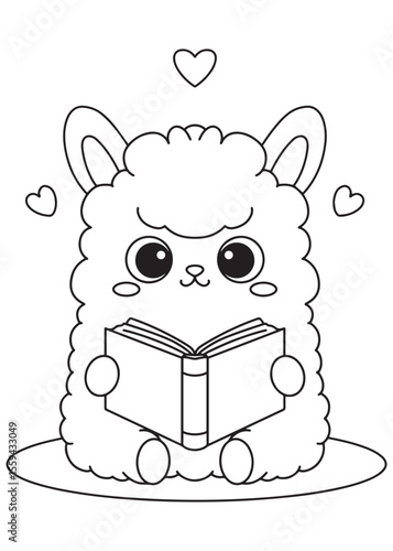 Coloring book alpaca reading a book.