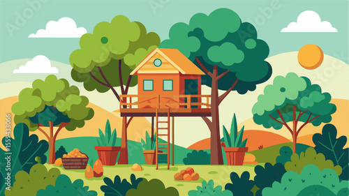 The treehouse is surrounded by a lush garden with herbs and vegetables growing in raised beds providing fresh and organic snacks for the remote worker.. Vector illustration