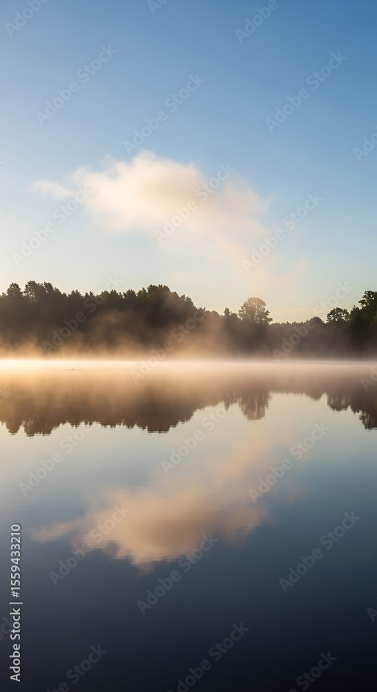Obraz premium Serene lake reflecting a clear sky at dawn, mist rising from the water