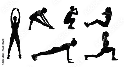Silhouette of a woman performing various stretching and exercise poses in a fitness routine workout plan