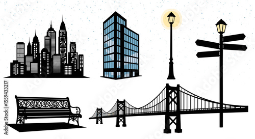 Urban landscape featuring cityscape, modern building, bridge, bench, and streetlights illustration