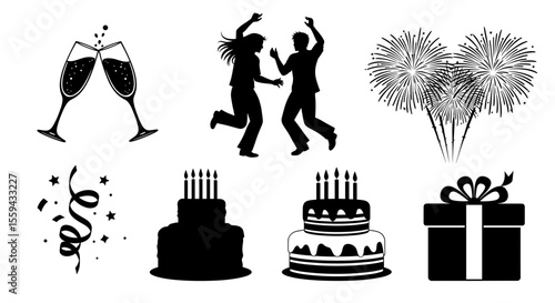 Celebration icons featuring champagne flutes, dancing figures, fireworks, cakes, gift, and confetti