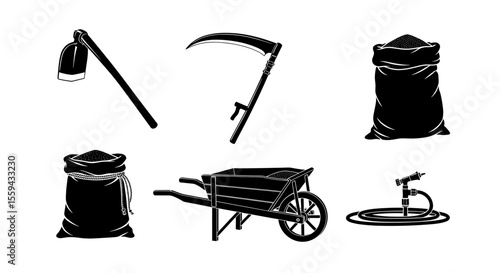 Illustration showcasing a collection of farming implements and tools used for agricultural work today