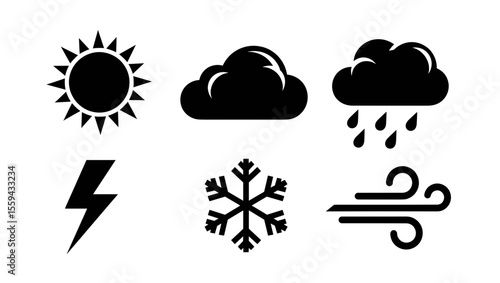 Weather icons depicting sun cloud rain lightning snowflake and wind arranged in two rows of three