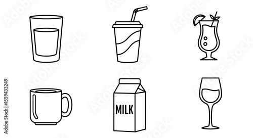 Assorted beverage containers including a glass, cup, carton, and cocktail illustration drawing line art