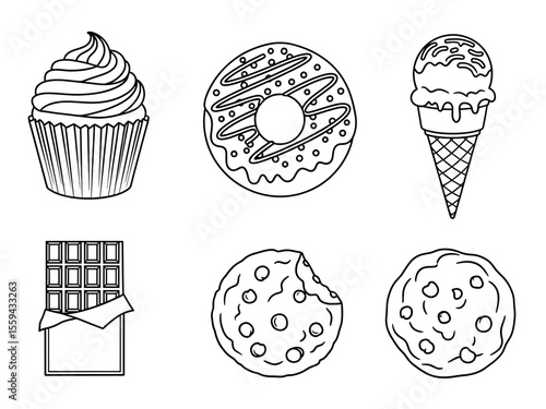 Outlined sweets assortment featuring a cupcake, donut, ice cream, chocolate bar and cookies drawing design