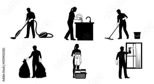 Silhouettes of people doing various household chores like cleaning and washing and taking out the trash
