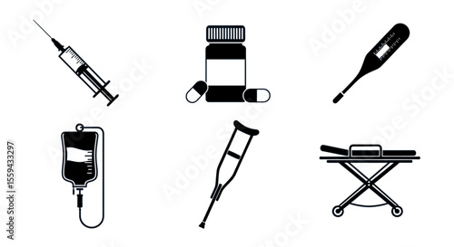 Medical equipment icons including syringe, pills, iv bag, thermometer, crutch and stretcher icons