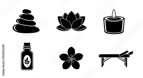 Six spa related icons including stacked stones, lotus, candle, oil, flower and massage table are shown