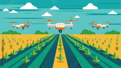An aerial view of a vast field with multiple drones flying in formation working collaboratively to evenly distribute fertilizers to maximize crop growth.. Vector illustration