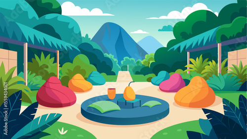 Surrounded by lush greenery and dotted with bean bags the resorts garden serves as an unconventional coworking hub for those seeking a change of scenery.. Vector illustration