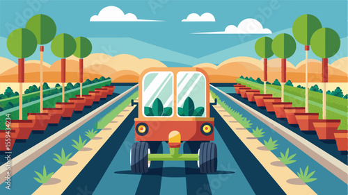 An innovative greenhouse with selfpropelled planting machines that navigate through the rows of crops planting seeds with precision and efficiency.. Vector illustration