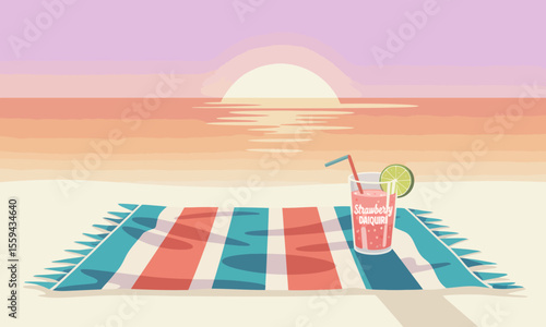 A glass of strawberry daiquiri on a striped towel on a sandy beach at sunset in a pixel art style