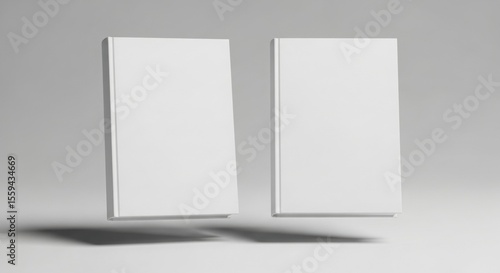 Two Blank White Hardcover Books mockup Floating Elegantly in a Minimalist Studio Setting, Perfect for Mockups and Book Cover Design Presentations