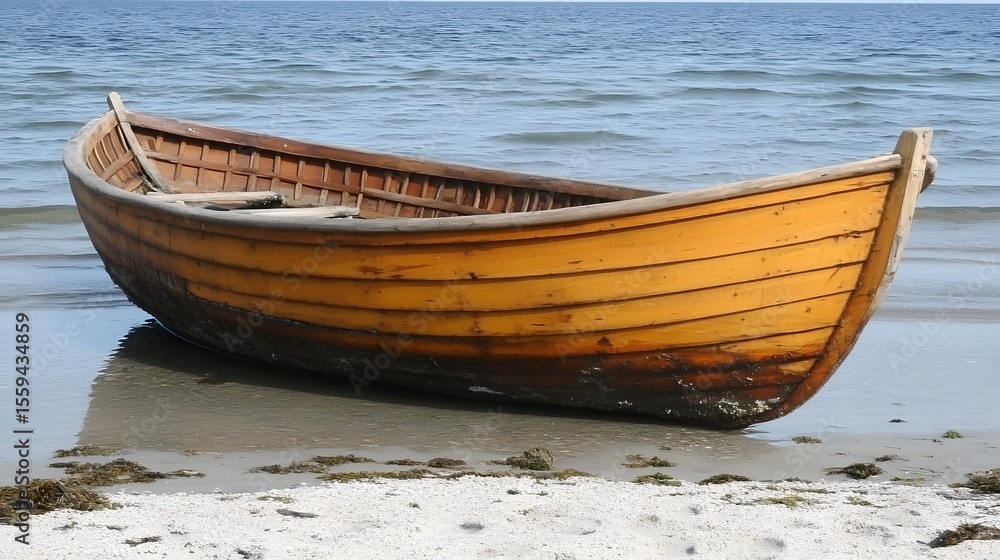 Fototapeta premium Rustic Wooden Rowboat on Sandy Beach Seascape
