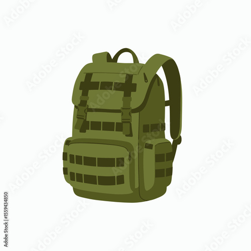 A green tacticalstyle backpack with MOLLE webbing straps and buckles