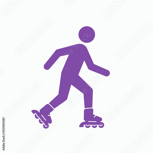 A purple silhouette of a person rollerblading on a white background