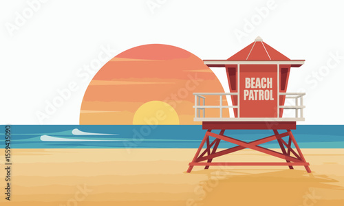 A red beach patrol lifeguard tower stands on a sandy shore as the sun sets over the ocean