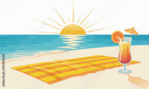 A tropical cocktail and beach towel on a sandy shore at sunrise