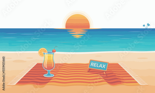 A tropical cocktail and a RELAX sign on a beach towel at sunset over the ocean