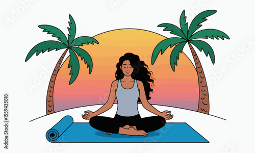 A woman meditates in a lotus pose on a yoga mat on a beach with two palm trees and a sunset