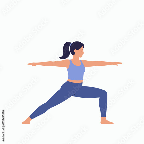 A woman with a dark ponytail in blue athletic wear performing the Warrior II yoga pose