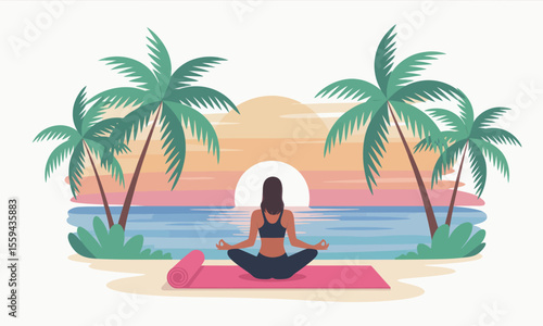 A woman meditates in a lotus pose on a pink yoga mat on a tropical beach at sunset