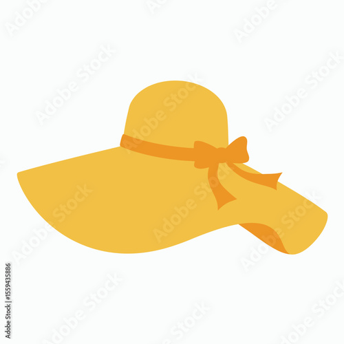 A yellow floppy sun hat with a wide brim and an orange ribbon tied in a bow