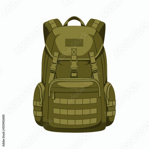 An olive green tactical backpack with MOLLE webbing straps and buckles isolated on a white background