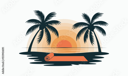 An orange yoga mat on a tropical beach at sunset with two silhouetted palm trees and the ocean