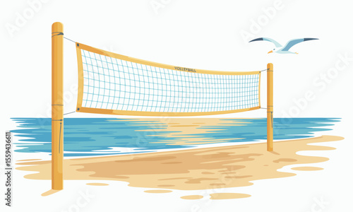 Volleyball net on a sandy beach next to the sea with a seagull flying above