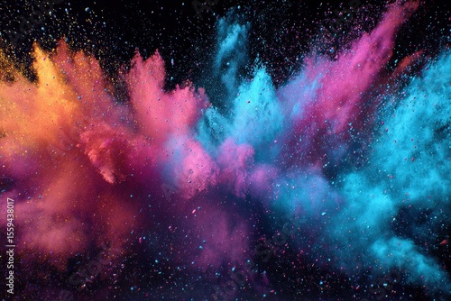 A multicolored explosion of powder against a dark background