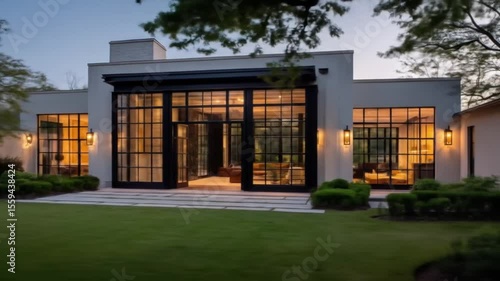 Exterior view of a modern house with large windows and green lawn at dusk with warm interior lighting