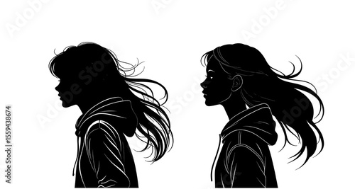 Minimalist Silhouette of Young Girl in Hoodie Side Profile on White Background