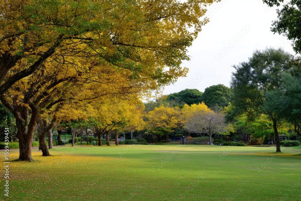 Fototapeta premium Autumnal park with trees showing yellow leaves bordering a large green lawn