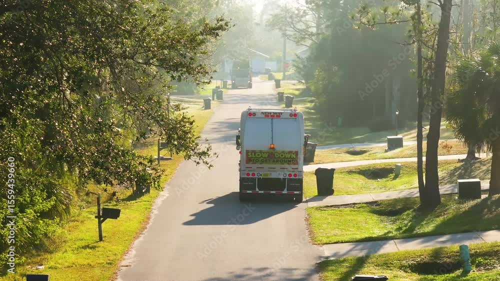 Garbage truck collecting curbside trash bins in American neighborhood ...