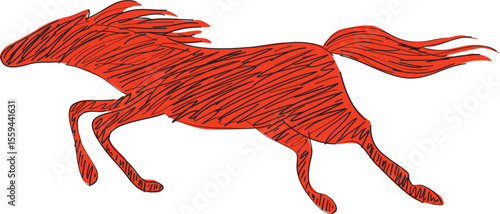 Silhouette of a galloping red horse, side view, line drawing, full length, hand drawn with a black brush
