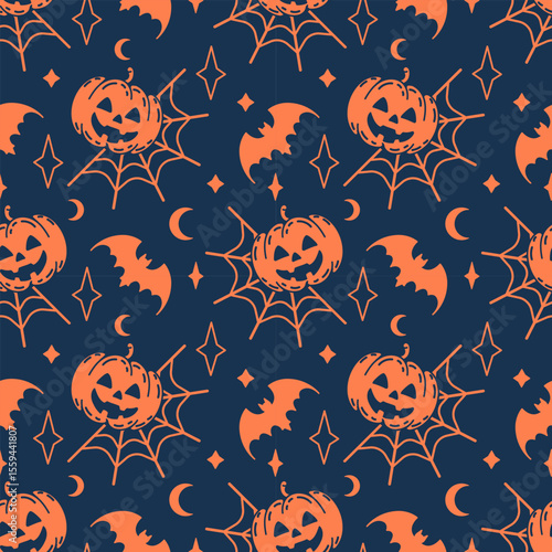 Playful seamless pattern featuring grinning jack-o’-lanterns. Ideal for Halloween-themed textiles, wallpapers, or festive DIY projects in retro or modern styles