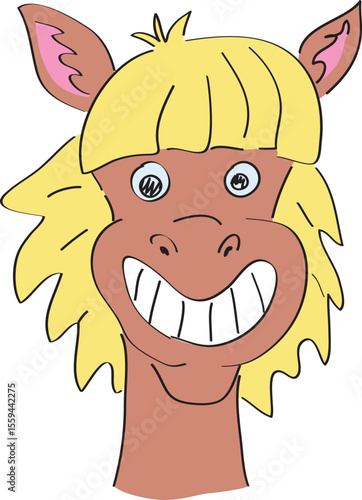 Funny smiling grinning head of brown horse with yellow shaggy mane looking at camera, hand drawn with a black brush