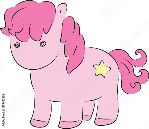 Cute little pink pony with a star on her rump stands in full size, hand drawn with a brush using black curving lines