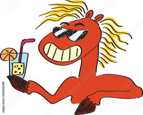 Portrait of funny grinning brown horse with tousled mane in black sunglasses with glass of lemonade in hand, smiling happily, hand drawn with a black brush