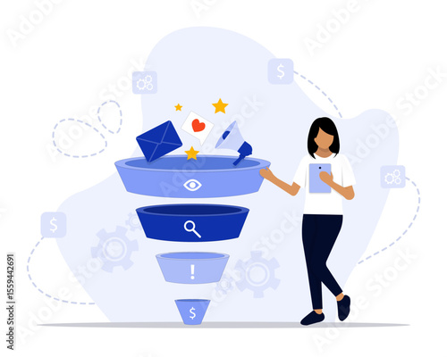 Funnel analysis concept illustration. Suitable for landing page, ui, web, App intro card, editorial, flyer, and banner.