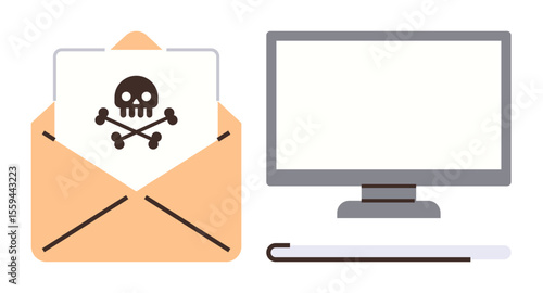 Malware alert in email envelope beside a blank computer monitor. Ideal for cybersecurity, online threats, phishing, spam, technology risks, digital safety, simple flat metaphor