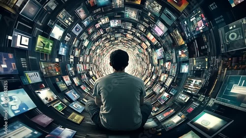 A person sitting in a vortex of digital screens, immersed in technology and information overload