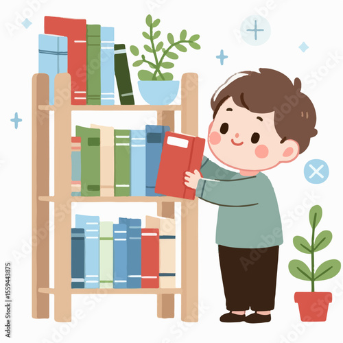 cartoon vector illustration of a child arranging books on a shelf