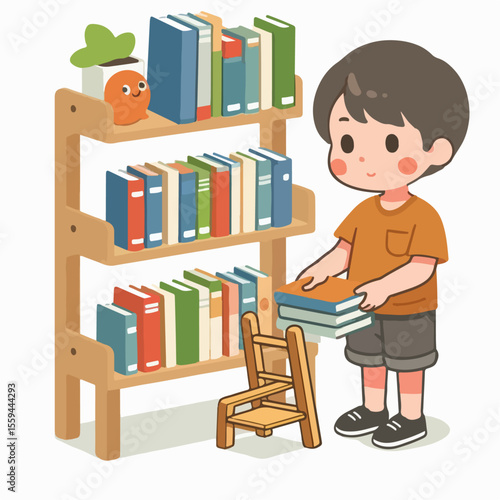 cartoon vector illustration of a child arranging books on a shelf