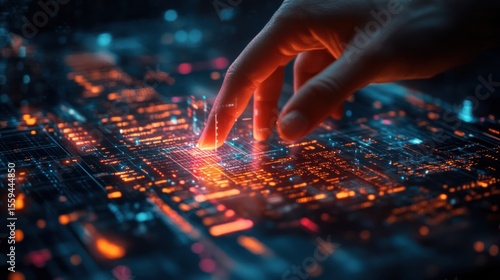 Interactive digital interface with finger pointing at glowing data visualization